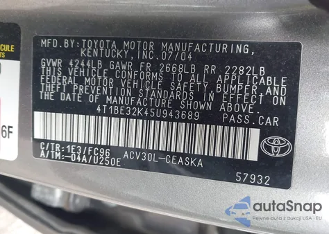 2005 Toyota Camry Se из США, поврежденный, VIN 4T1BE32K45U943689